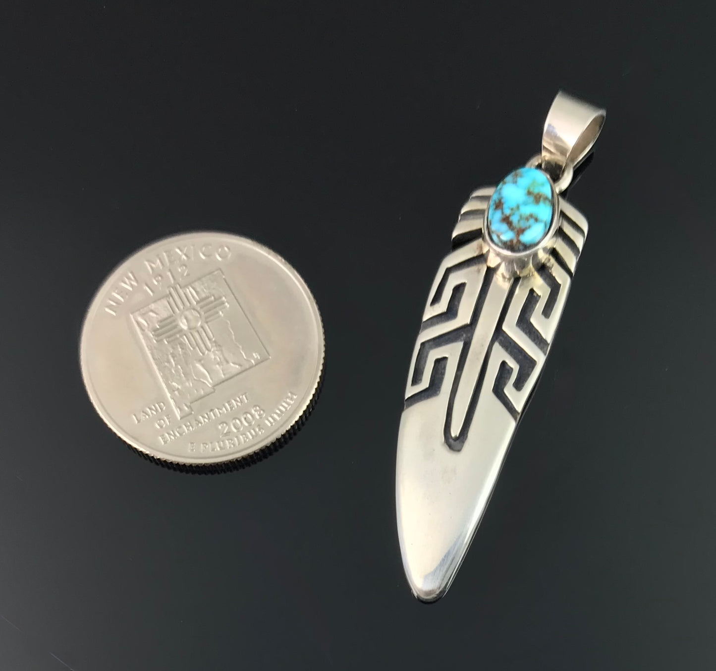 Spider Web Kingman Turquoise Feather Overlay Pendant Navajo Native American - Shirley Henry