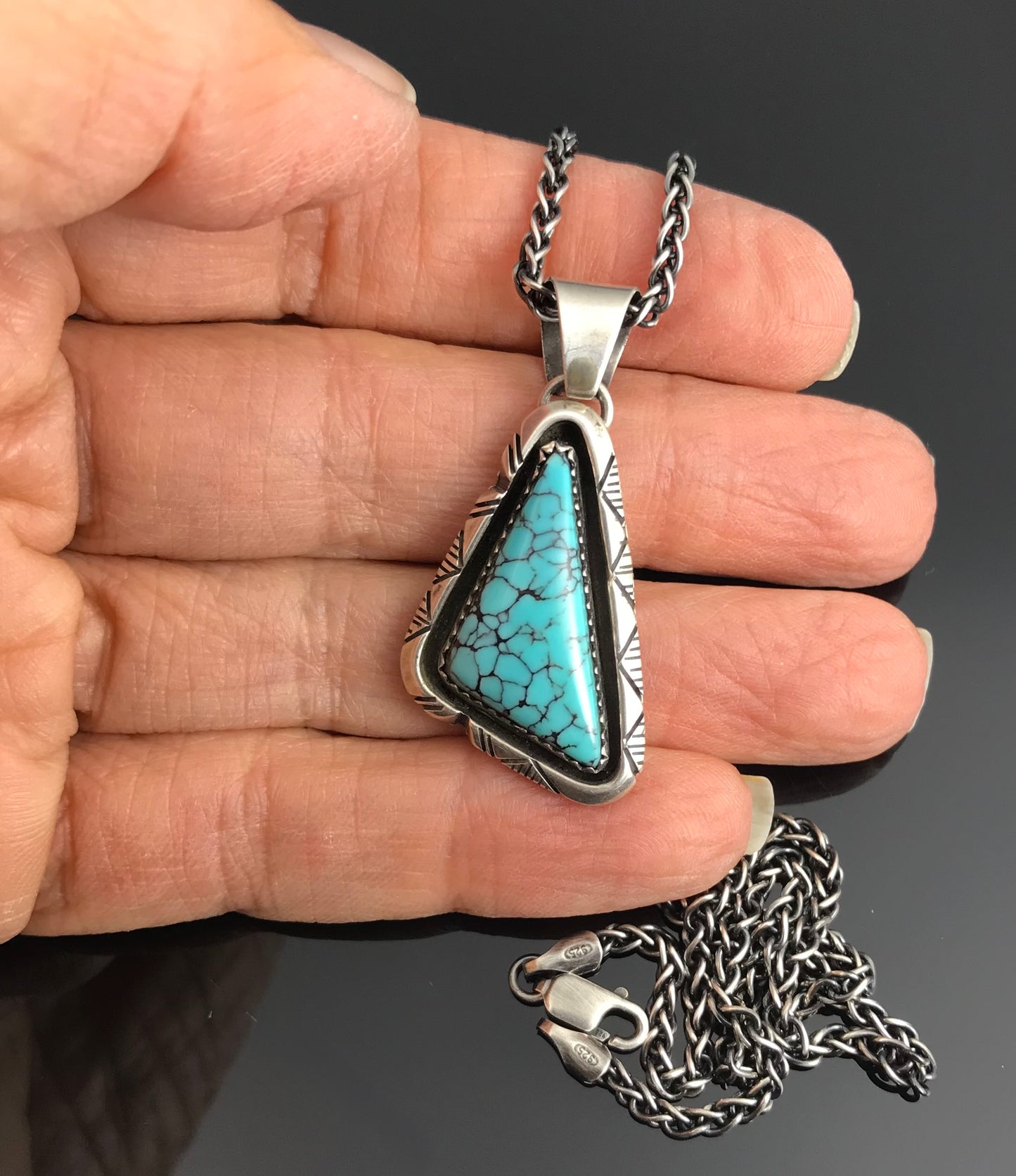 Blue Spider Web Turquoise Navajo Native American Pendant - Bea Johnson