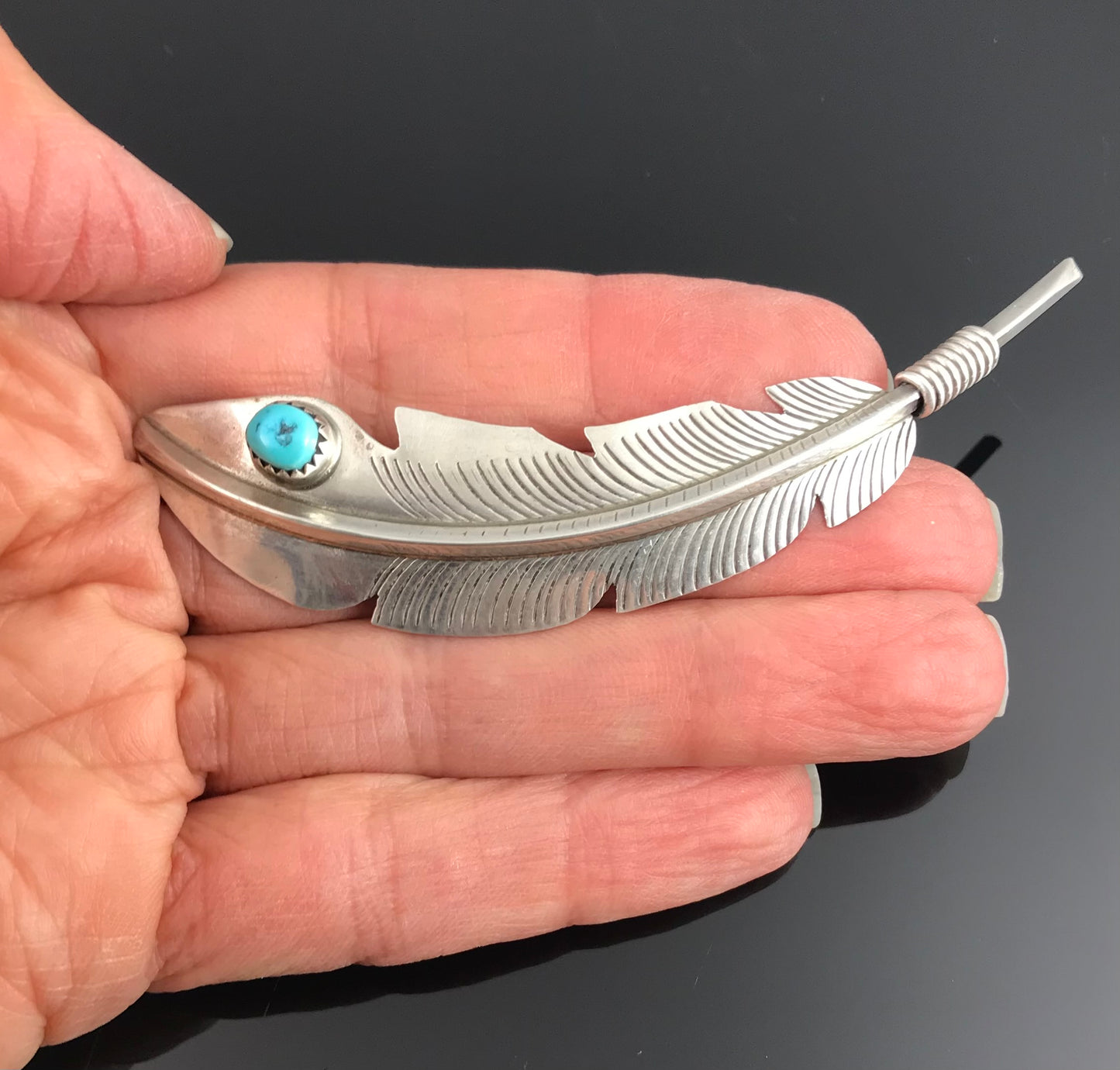 Large Navajo Turquoise Feather Pin Native American - Vintage