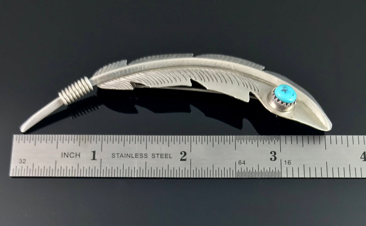 Large Navajo Turquoise Feather Pin Native American - Vintage