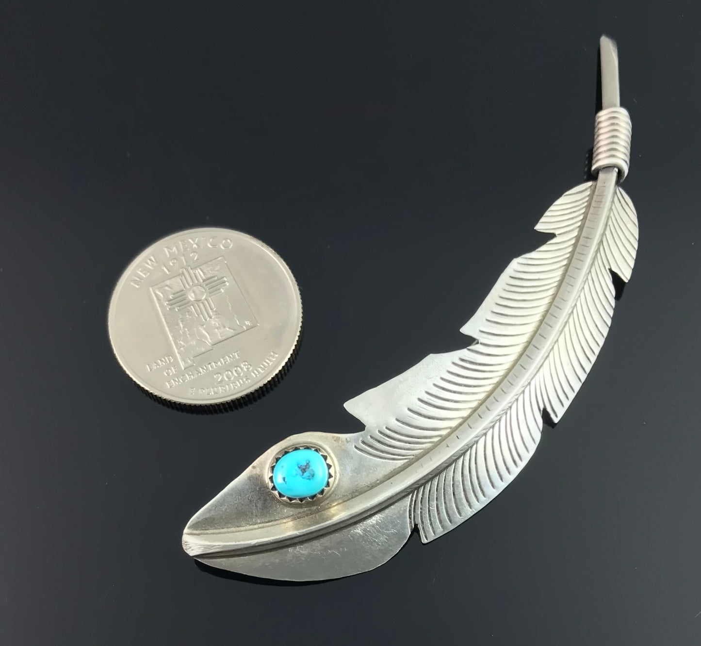 Large Navajo Turquoise Feather Pin Native American - Vintage