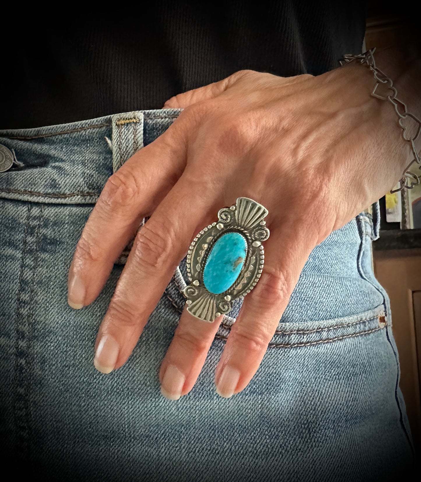 Large Turquoise Native American Navajo Ring Size 6 - Jim Ben