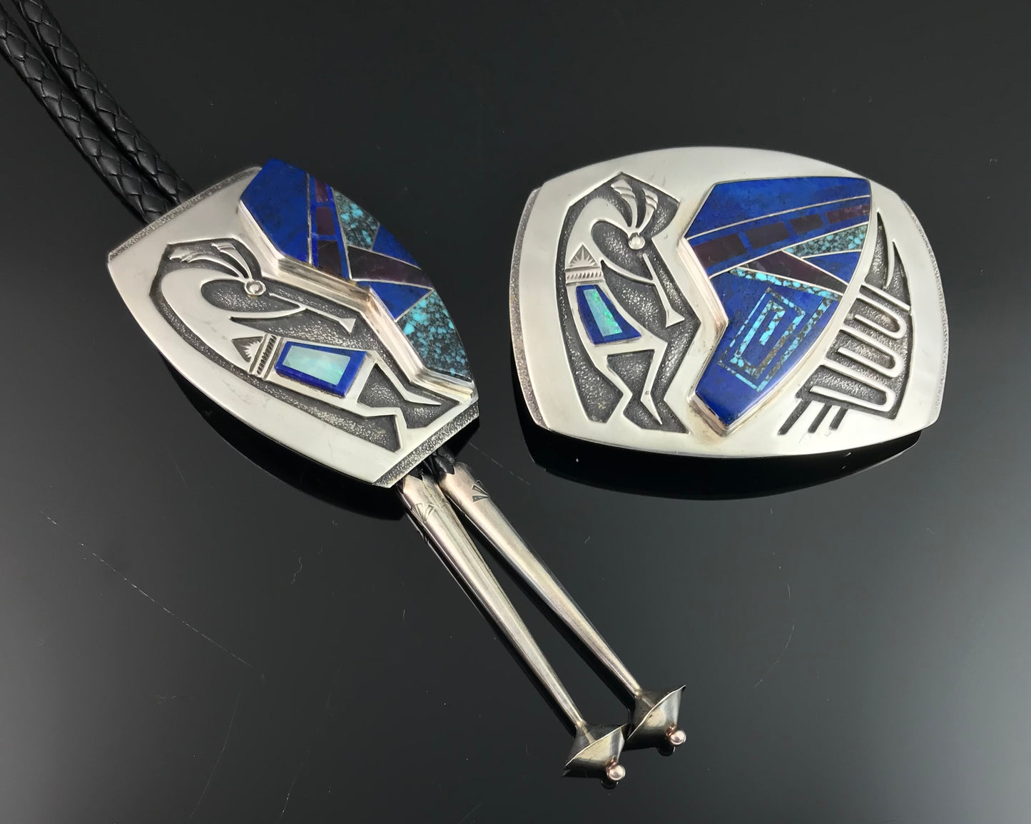 Kokopelli Inlay Bolo Tie & Belt Buckle Native American Navajo - Cecil Ashley