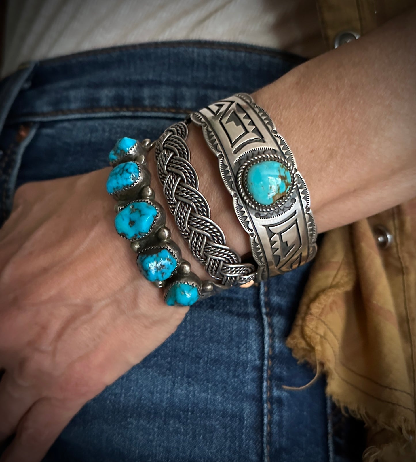 Large Turquoise Navajo Overlay Cuff Bracelet Native American - Leonard Jim Sondra