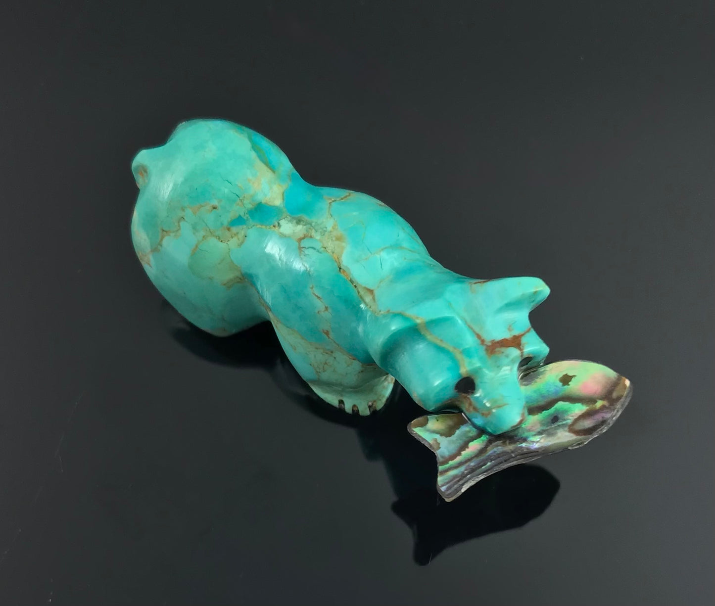 Zuni Bear Turquoise Fetish with Abalone Fish Native American - Andres Quam