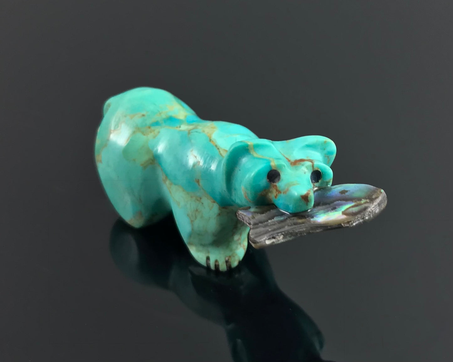 Zuni Bear Turquoise Fetish with Abalone Fish Native American - Andres Quam