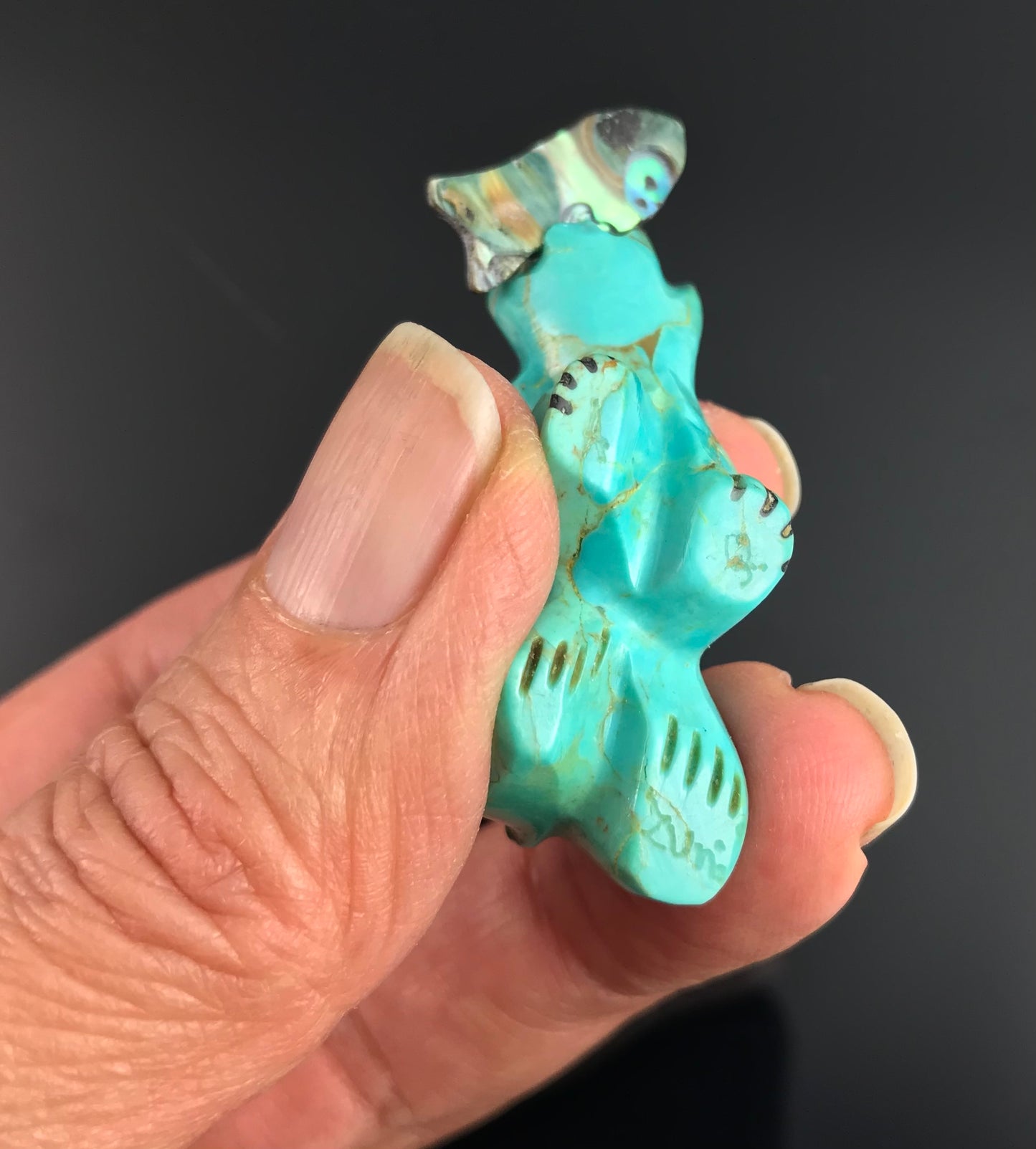 Zuni Bear Turquoise Fetish with Abalone Fish Native American - Andres Quam