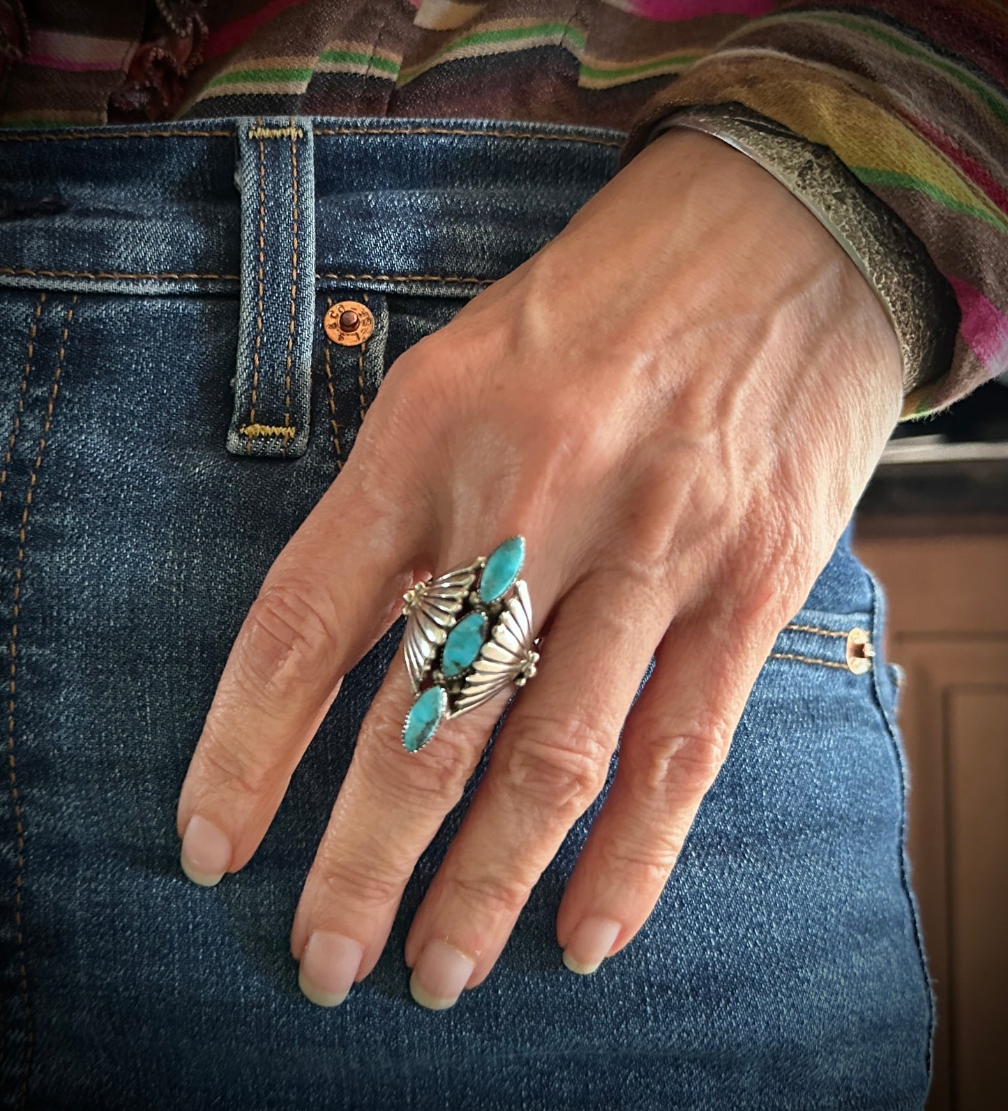 Navajo Native American Kingman Turquoise Sterling Silver Ring Size 7 1/2 - Clarence Long