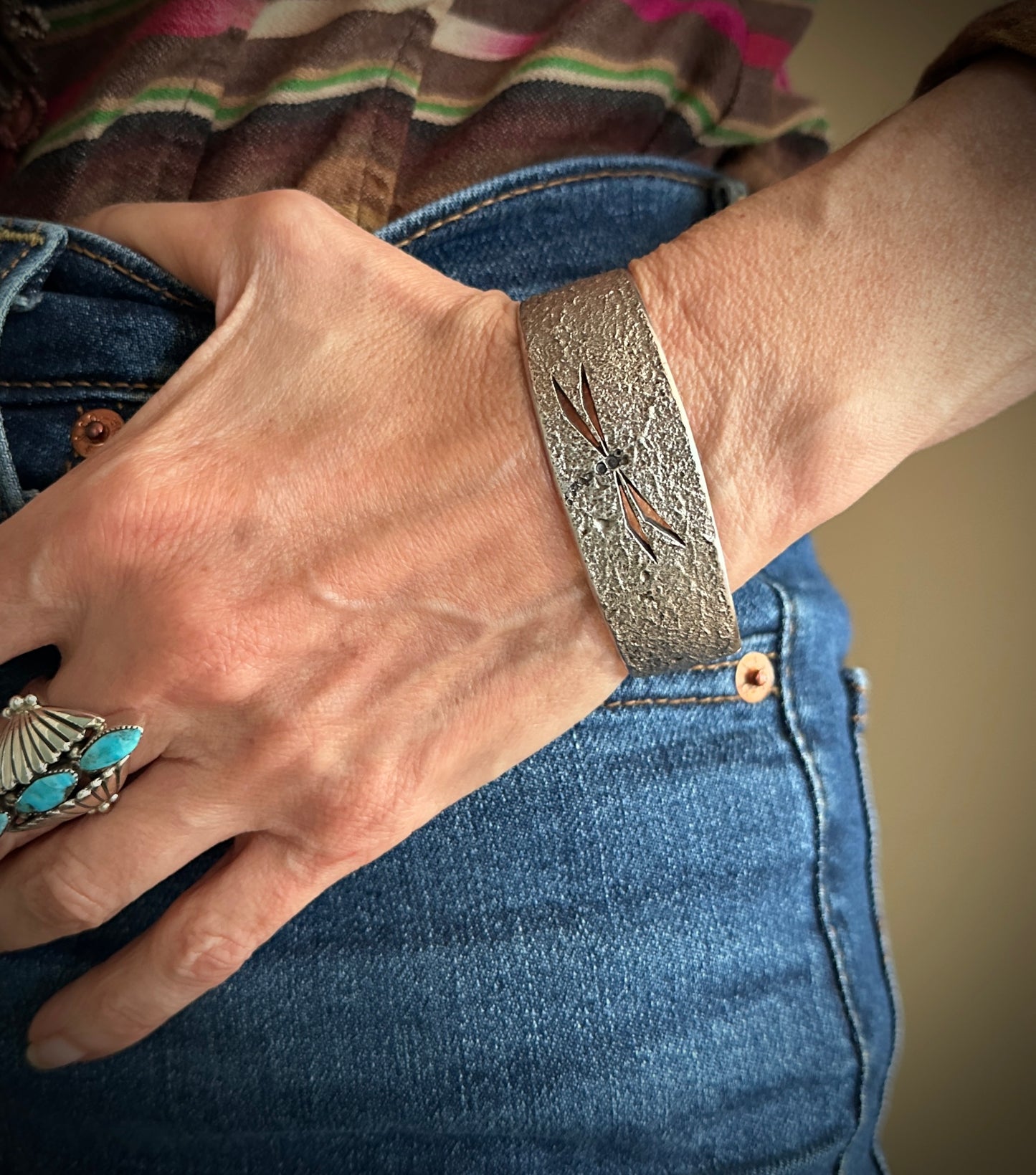 Dragonfly Tufa Cast Sterling Silver Cuff Bracelet - Vintage