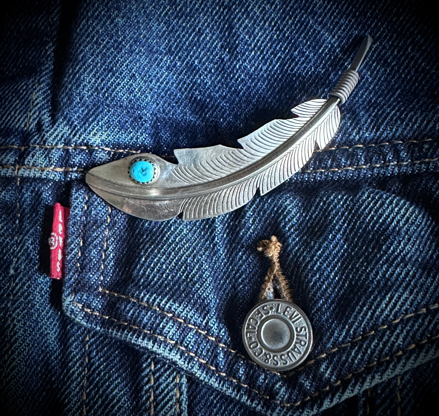 Large Navajo Turquoise Feather Pin Native American - Vintage