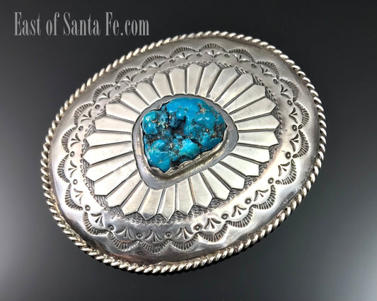 Huge Concho Belt Buckle Sterling Turquoise Native American Navajo Signed - Tommy Long